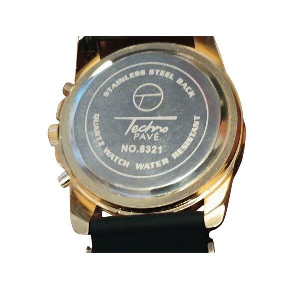 Men's Gold/Bling Finish Techno Pave No. 8321 Black Silicon Band Watch New - Picture 6 of 6